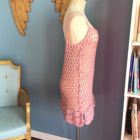 Dusty rose crocheted spaghetti straps scalloped edges pull over top size L boho - Picture 2 of 12